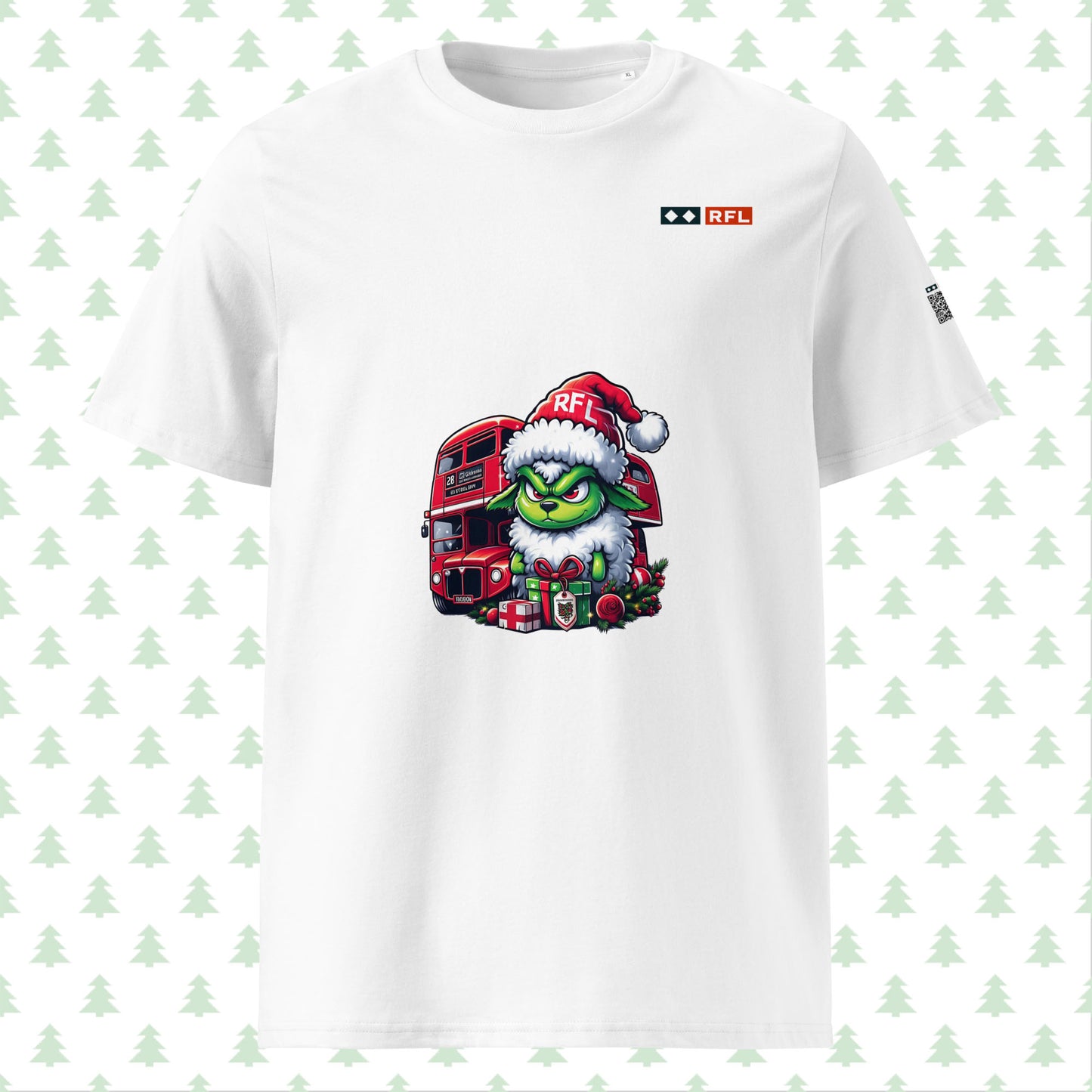 Front view of white Christmas t-shirt with Grinch sheep design by RFL Style