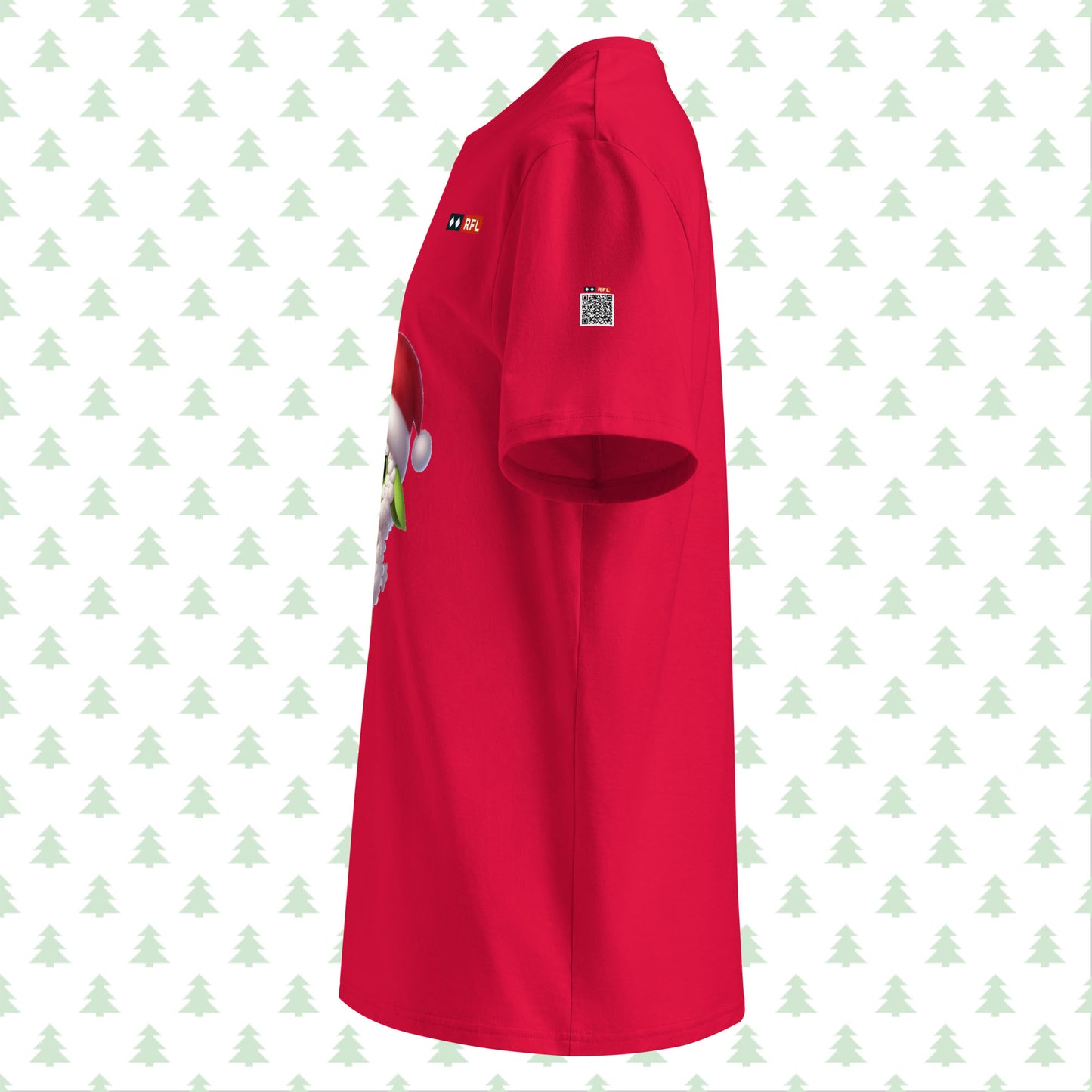 Side view of red Christmas t-shirt with Grinch sheep and QR code.