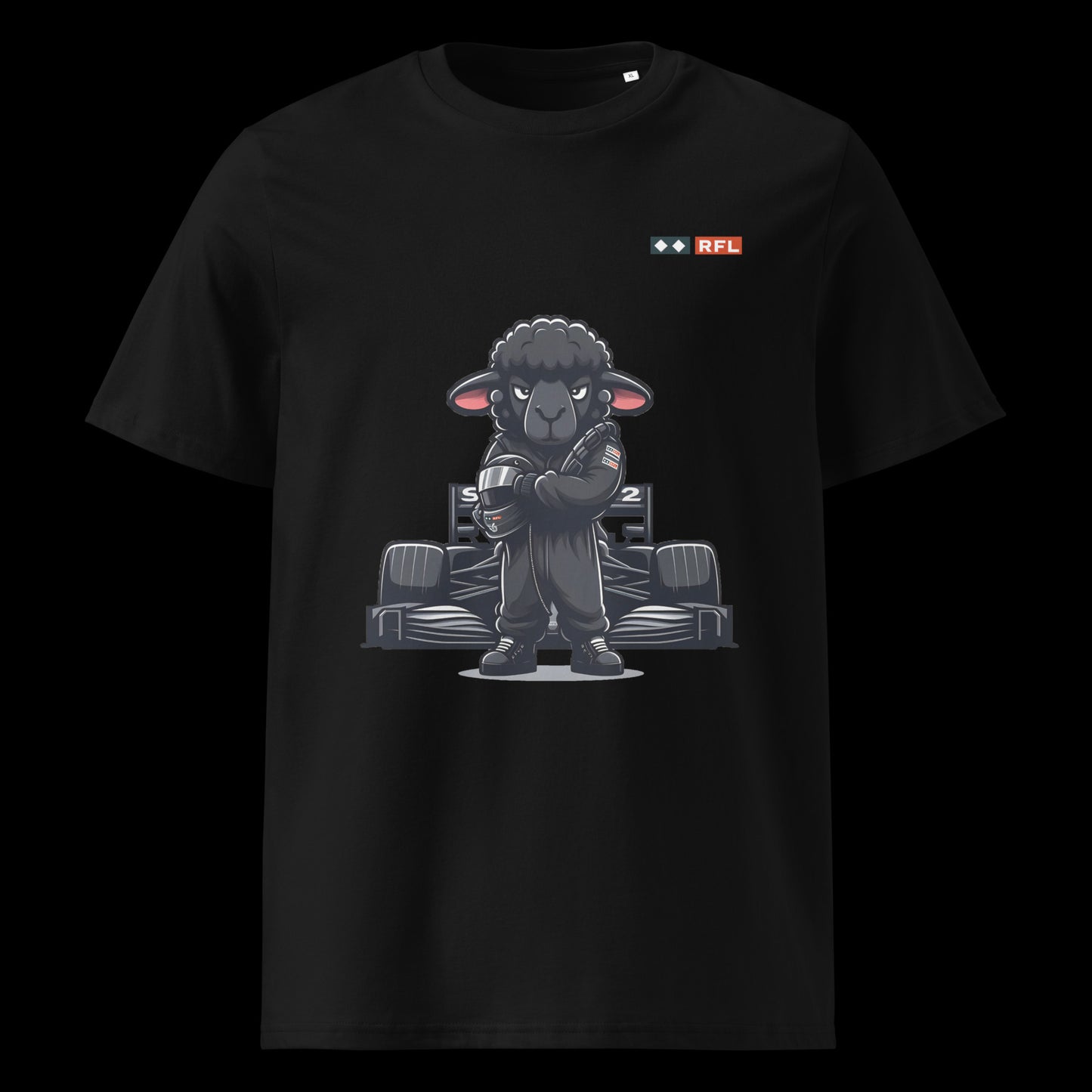 Bold Black Sheep Racer Formula 1 T-Shirt in Black with a unique design of a determined black sheep racer in front of a sleek Formula 1 car by RFL Brand
