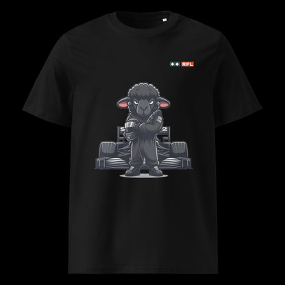 Bold Black Sheep Racer Formula 1 T-Shirt in Black with a unique design of a determined black sheep racer in front of a sleek Formula 1 car by RFL Brand