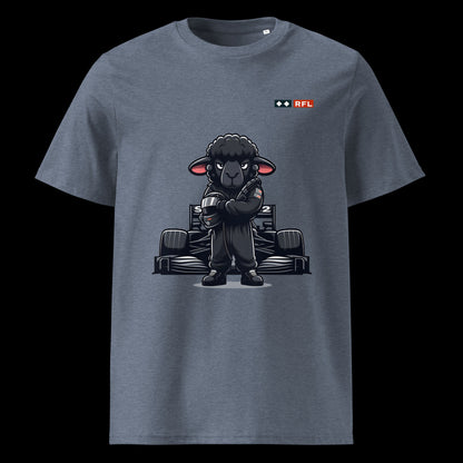 Bold Black Sheep Racer Formula 1 T-Shirt in Dark Heather Blue featuring a determined black sheep racer design in front of a Formula 1 car by RFL Brand