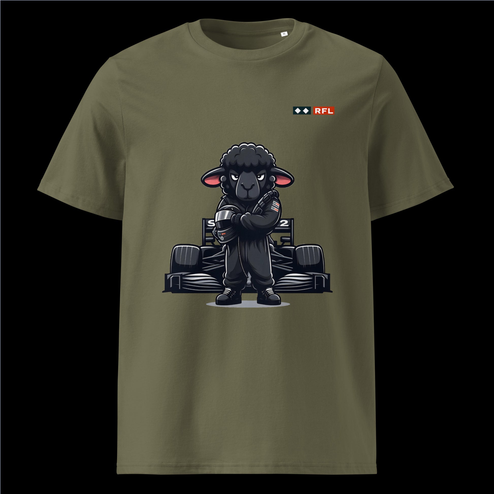 Bold Black Sheep Racer Formula 1 T-Shirt in Khaki showcasing a determined black sheep racer in front of a Formula 1 car by RFL Brand