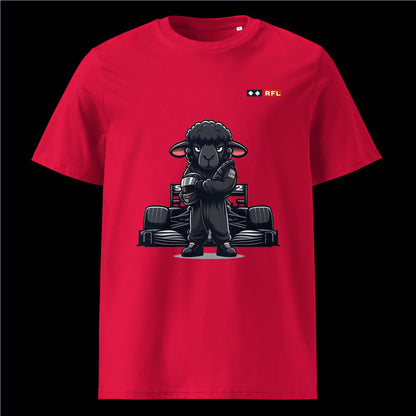 Bold Black Sheep Racer Formula 1 T-Shirt in Red featuring a striking black sheep racer design in front of a Formula 1 car by RFL Brand