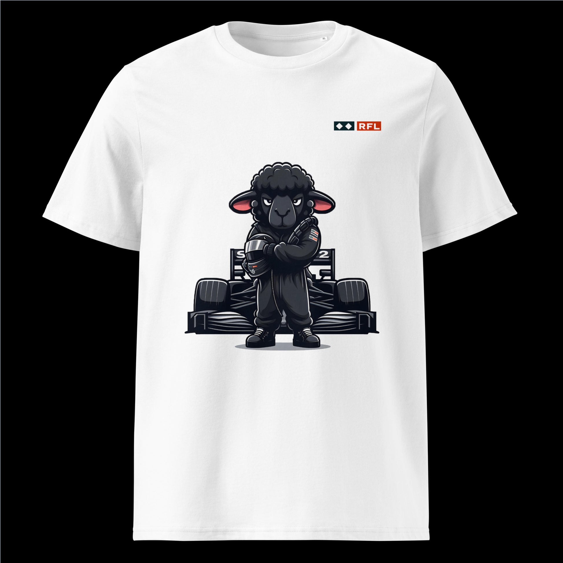 Bold Black Sheep Racer Formula 1 T-Shirt in White with a unique black sheep racer design standing in front of a Formula 1 car by RFL Brand