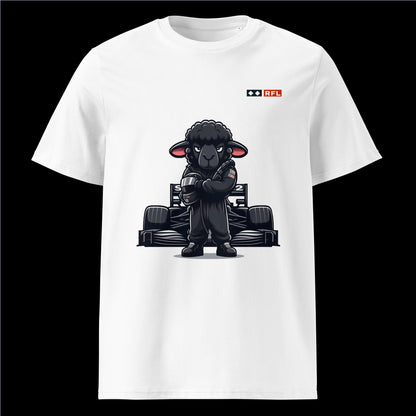 Bold Black Sheep Racer Formula 1 T-Shirt in White with a unique black sheep racer design standing in front of a Formula 1 car by RFL Brand