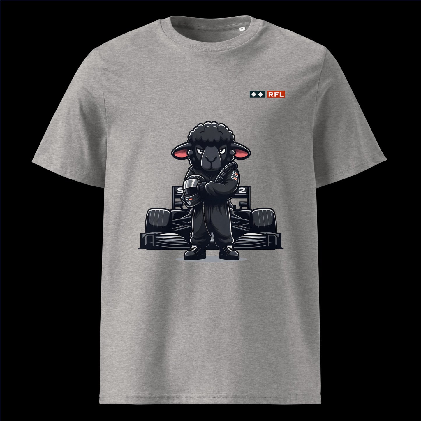 Bold Black Sheep Racer Formula 1 T-Shirt in Heather Grey with a unique black sheep racer design standing in front of a Formula 1 car by RFL Brand