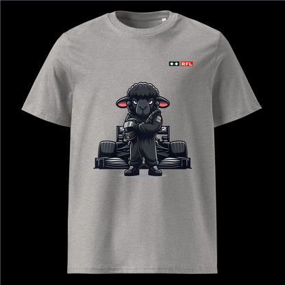 Bold Black Sheep Racer Formula 1 T-Shirt in Heather Grey with a unique black sheep racer design standing in front of a Formula 1 car by RFL Brand
