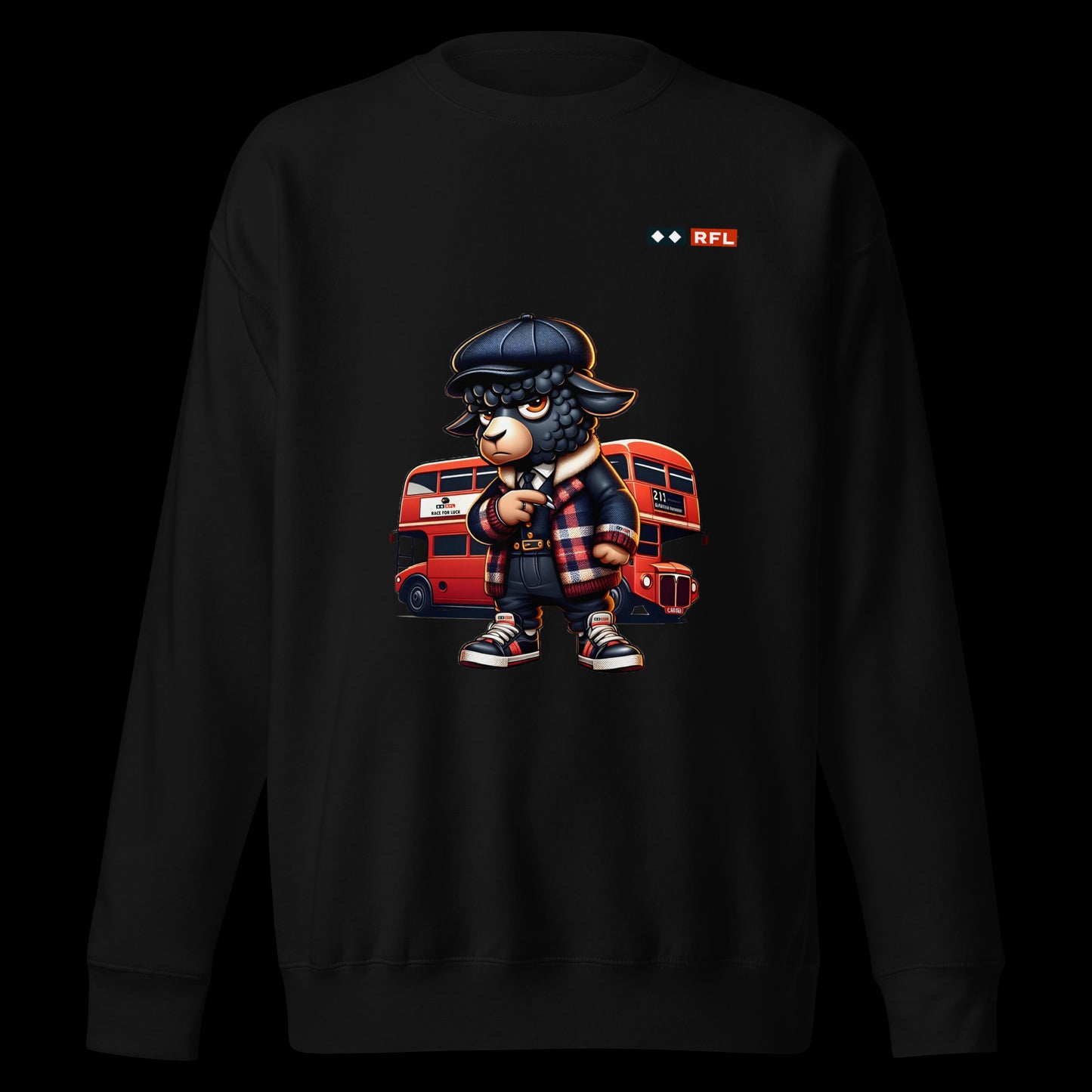 Black sweatshirt featuring a cartoon black sheep in urban attire with a red London double-decker bus in the background.