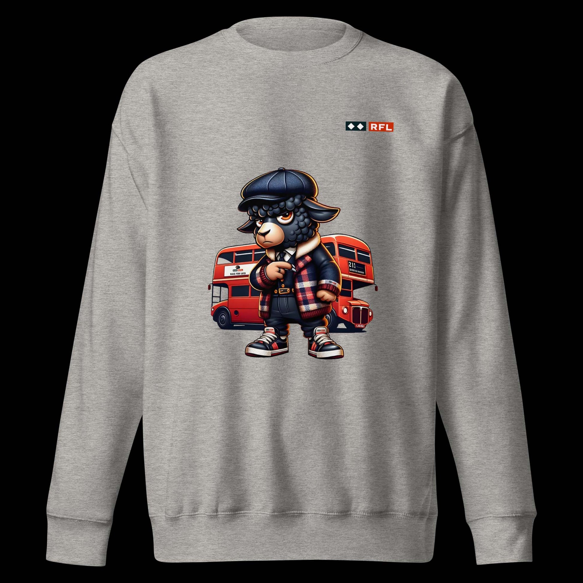 Carbon grey sweatshirt with a cartoon black sheep dressed in stylish urban clothing and a red London double-decker bus in the background.