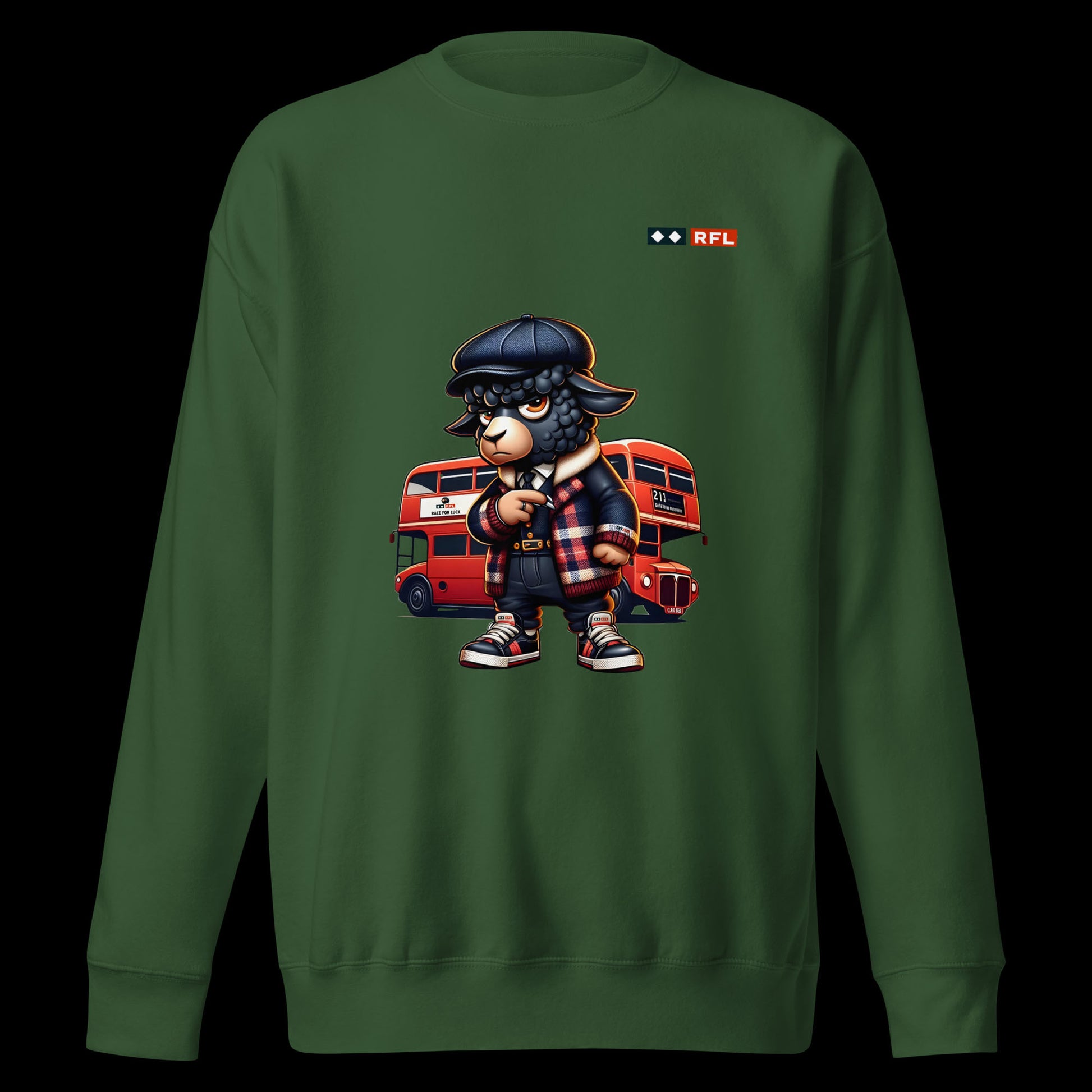 Forest green sweatshirt featuring a cartoon black sheep in stylish urban clothing with a red London double-decker bus in the background.