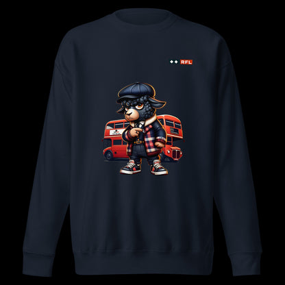 Navy blazer sweatshirt with a cartoon black sheep dressed in urban attire and a red London double-decker bus in the background.