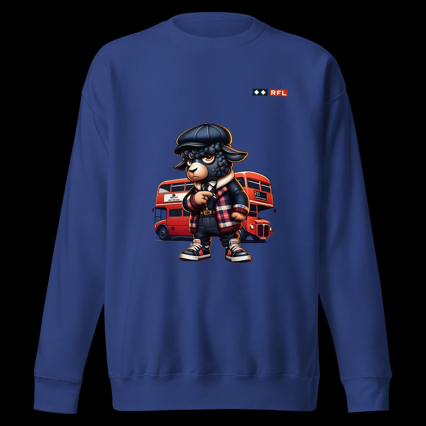 Team royal blue sweatshirt featuring a cartoon black sheep in stylish urban clothing with a red London double-decker bus in the background.