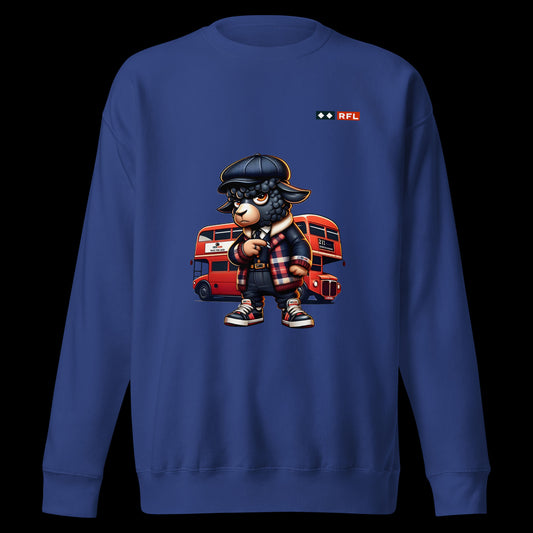 Team royal blue sweatshirt featuring a cartoon black sheep in stylish urban clothing with a red London double-decker bus in the background.