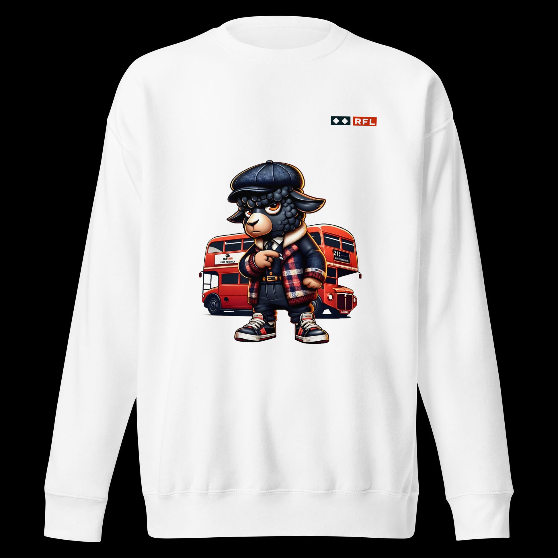White sweatshirt showcasing a cartoon black sheep dressed in urban attire with a red London double-decker bus in the background.