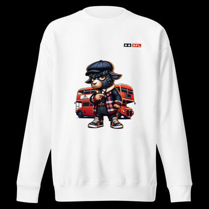 White sweatshirt showcasing a cartoon black sheep dressed in urban attire with a red London double-decker bus in the background.