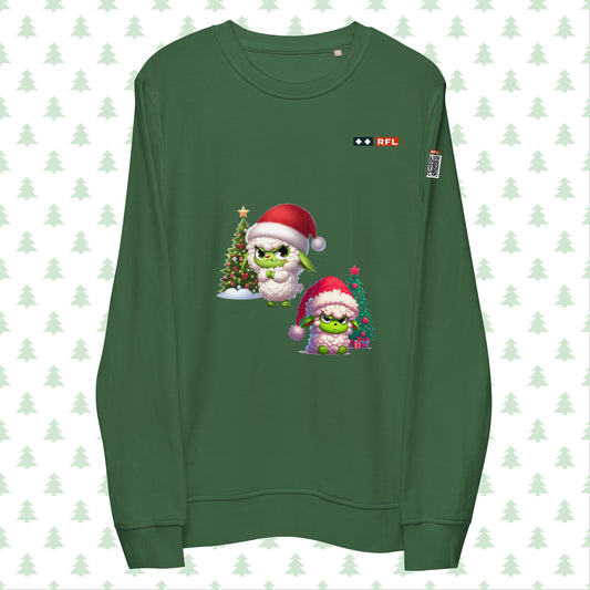 Green RFL Christmas sweatshirt featuring a playful Sheep Grinch design with festive Christmas trees. Includes a QR code on the sleeve for a personalized holiday message.