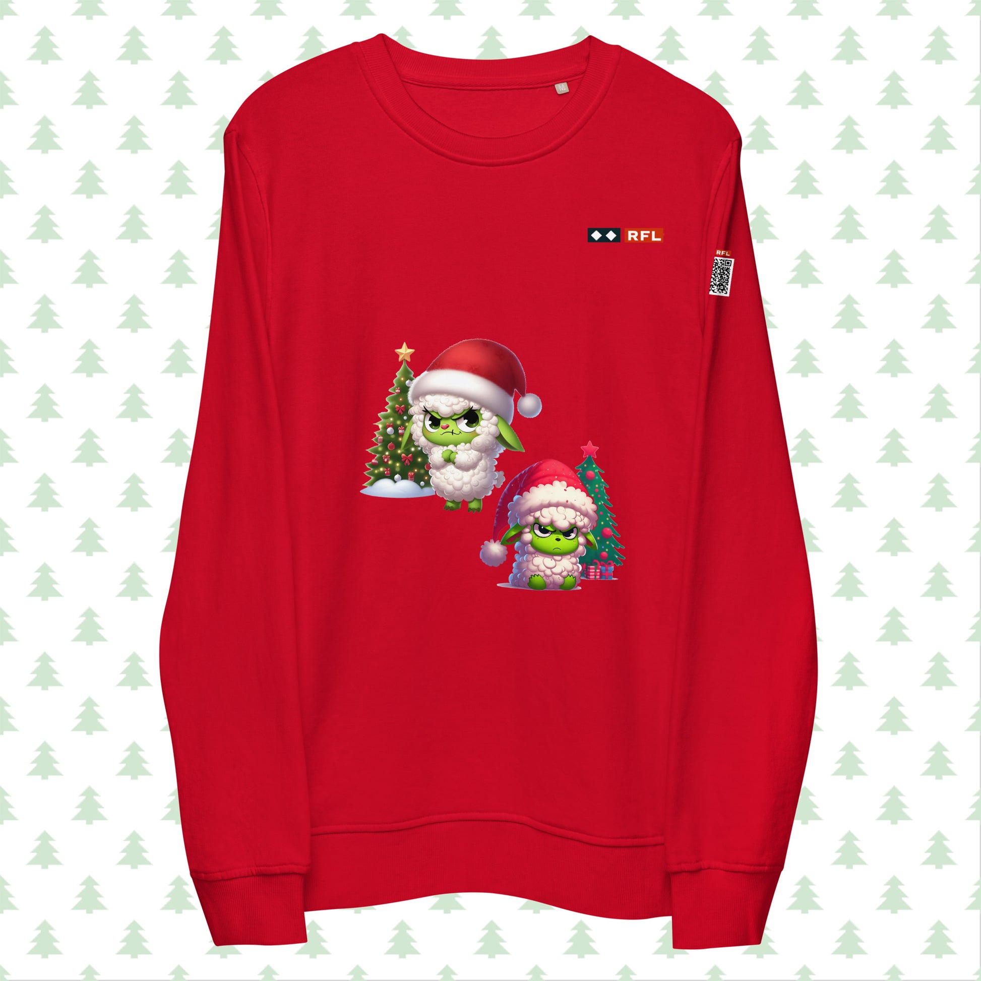 Red RFL Christmas sweatshirt featuring a playful Sheep Grinch design with a festive Christmas tree. Includes a QR code on the sleeve for a personalized holiday message.