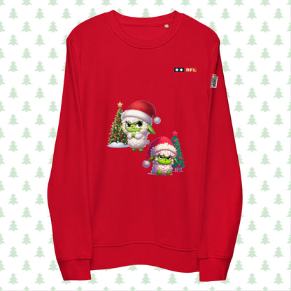 Red RFL Christmas sweatshirt featuring a playful Sheep Grinch design with a festive Christmas tree. Includes a QR code on the sleeve for a personalized holiday message.