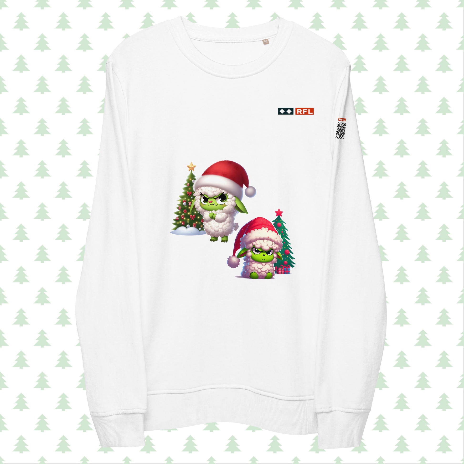 White RFL Christmas sweatshirt featuring a playful Sheep Grinch design with a festive Christmas tree. Includes a QR code on the sleeve for a personalized holiday message.