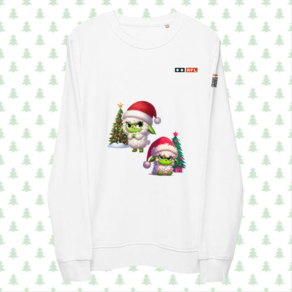 White RFL Christmas sweatshirt featuring a playful Sheep Grinch design with a festive Christmas tree. Includes a QR code on the sleeve for a personalized holiday message.