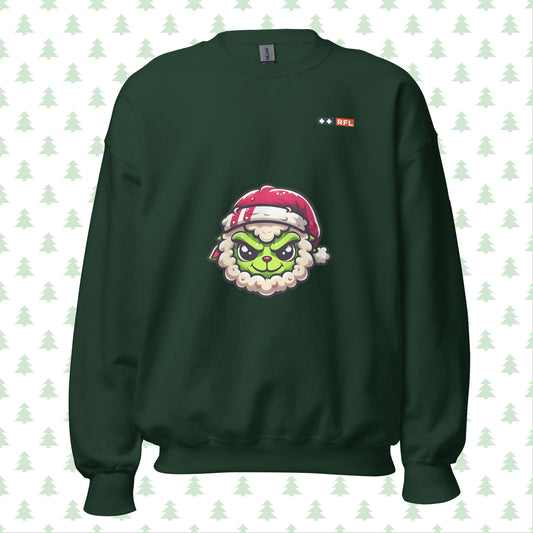 "Forest green crewneck sweatshirt featuring a festive Grinch Sheep design and a QR code on the sleeve for personalized Christmas messages. Unisex holiday apparel by RFL."