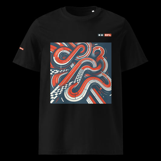 Front view of a black cotton T-shirt with a dynamic racing track design in red, white, and blue by RacingLines RFL, featuring a sporty and stylish graphic perfect for motorsport enthusiasts.