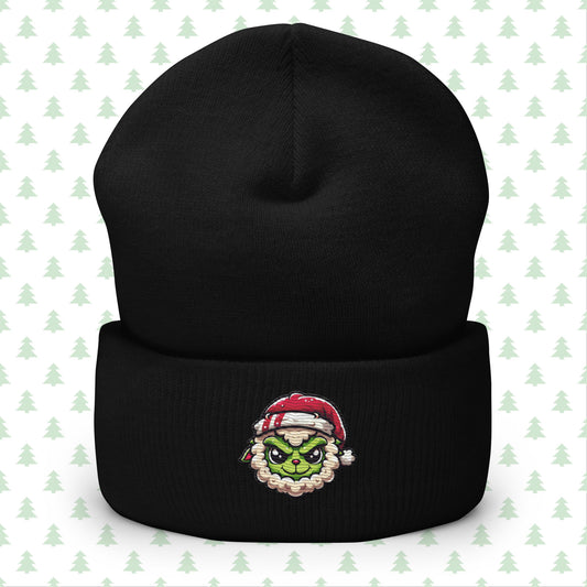 Black beanie with a Grinch sheep design