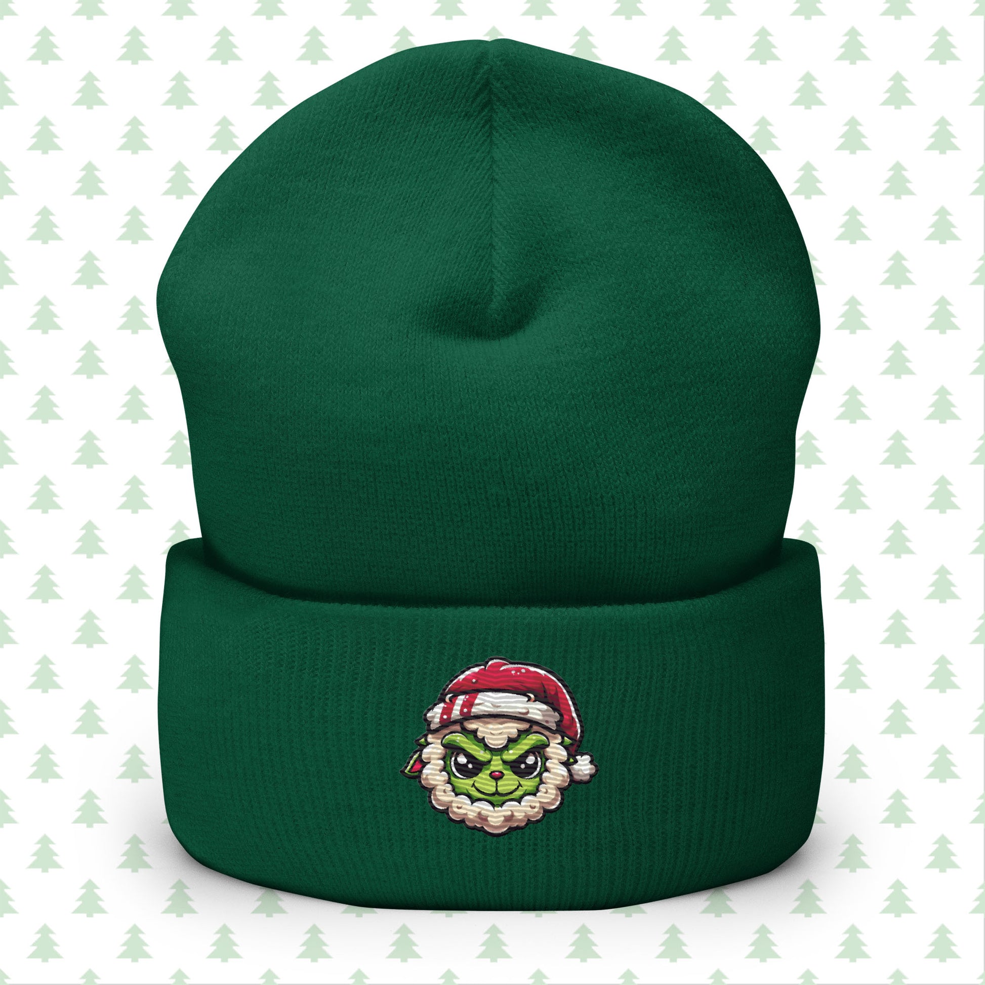 Green holiday beanie with a playful Grinch sheep design