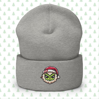 Grey beanie featuring a festive Grinch sheep