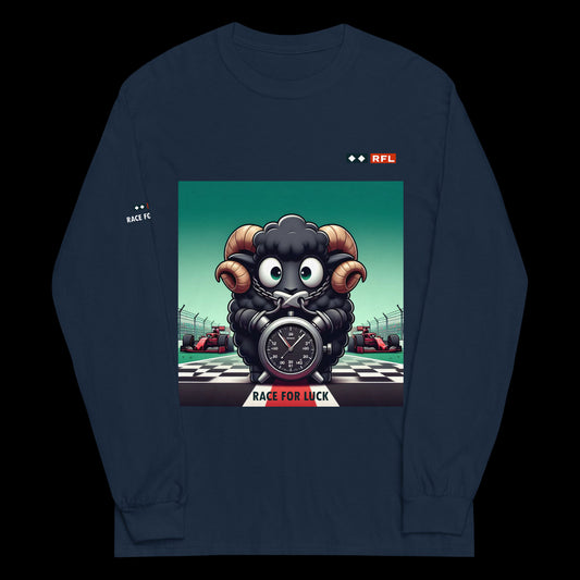  Navy long sleeve shirt showcasing a cute black sheep holding a stopwatch against a Formula 1 race track backdrop, labeled "Race for Luck."