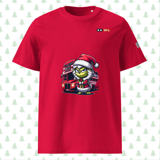 Red Christmas t-shirt with Grinch-like sheep and London bus design.