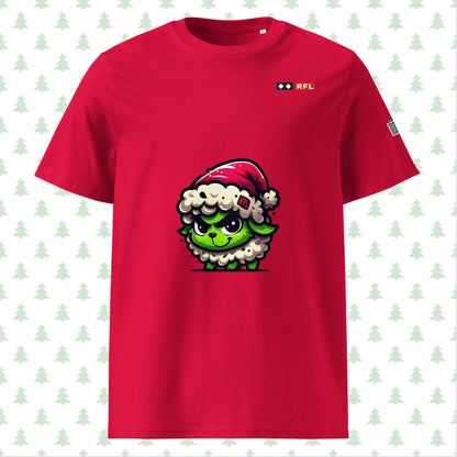 Red Christmas t-shirt featuring a cute sheep dressed as the Grinch on the front