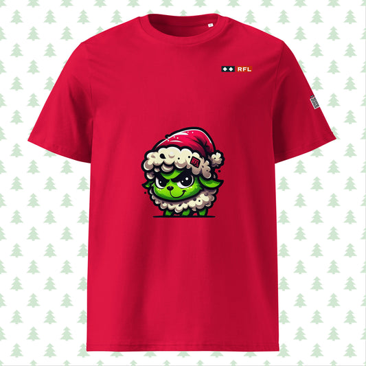 Red Christmas t-shirt featuring a cute sheep dressed as the Grinch on the front