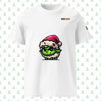 White Christmas t-shirt featuring a cute sheep dressed as the Grinch on the front.