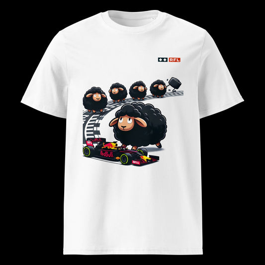 Illustration of black sheep racing in a Red Bull Formula 1 car on a white T-shirt. The design shows several cute, cartoon-style black sheep, with one prominently driving the racing car on a track, surrounded by a pit crew of sheep. The T-shirt has the Red Bull logo and racing details.