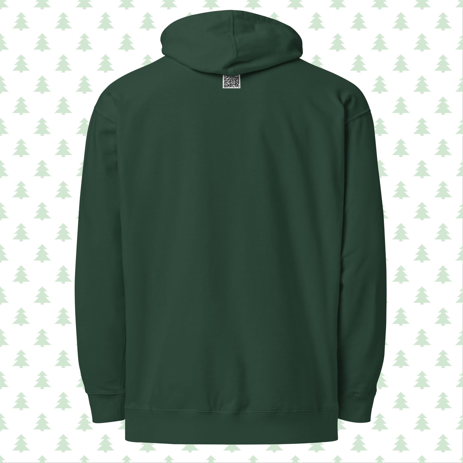 Back view of RFL Christmas Hoodie in alpine green, showcasing a QR code below the hood that links to a personalized Christmas message on the RFL website.