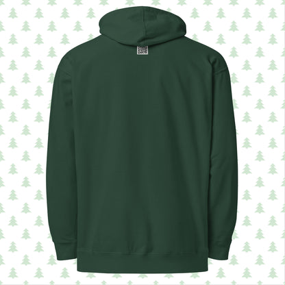 Back view of RFL Christmas Hoodie in alpine green, showcasing a QR code below the hood that links to a personalized Christmas message on the RFL website.