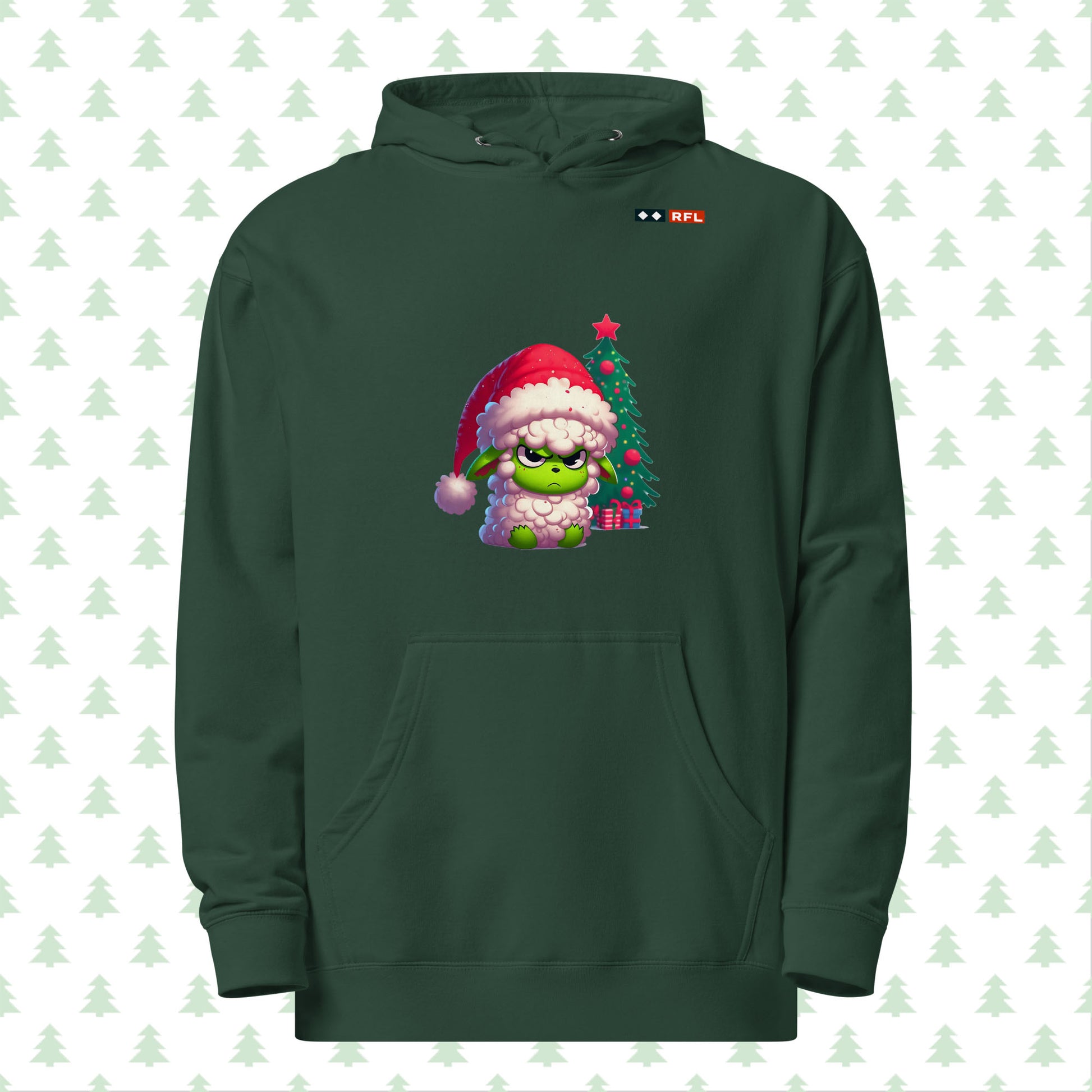 Front view of RFL Christmas Hoodie in alpine green featuring an upset Sheep Grinch design, Christmas tree, and presents, with a QR code for a personalized message.
