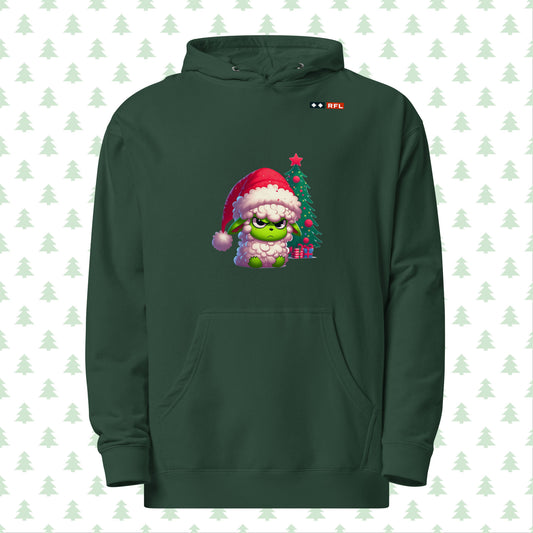 Front view of RFL Christmas Hoodie in alpine green featuring an upset Sheep Grinch design, Christmas tree, and presents, with a QR code for a personalized message.