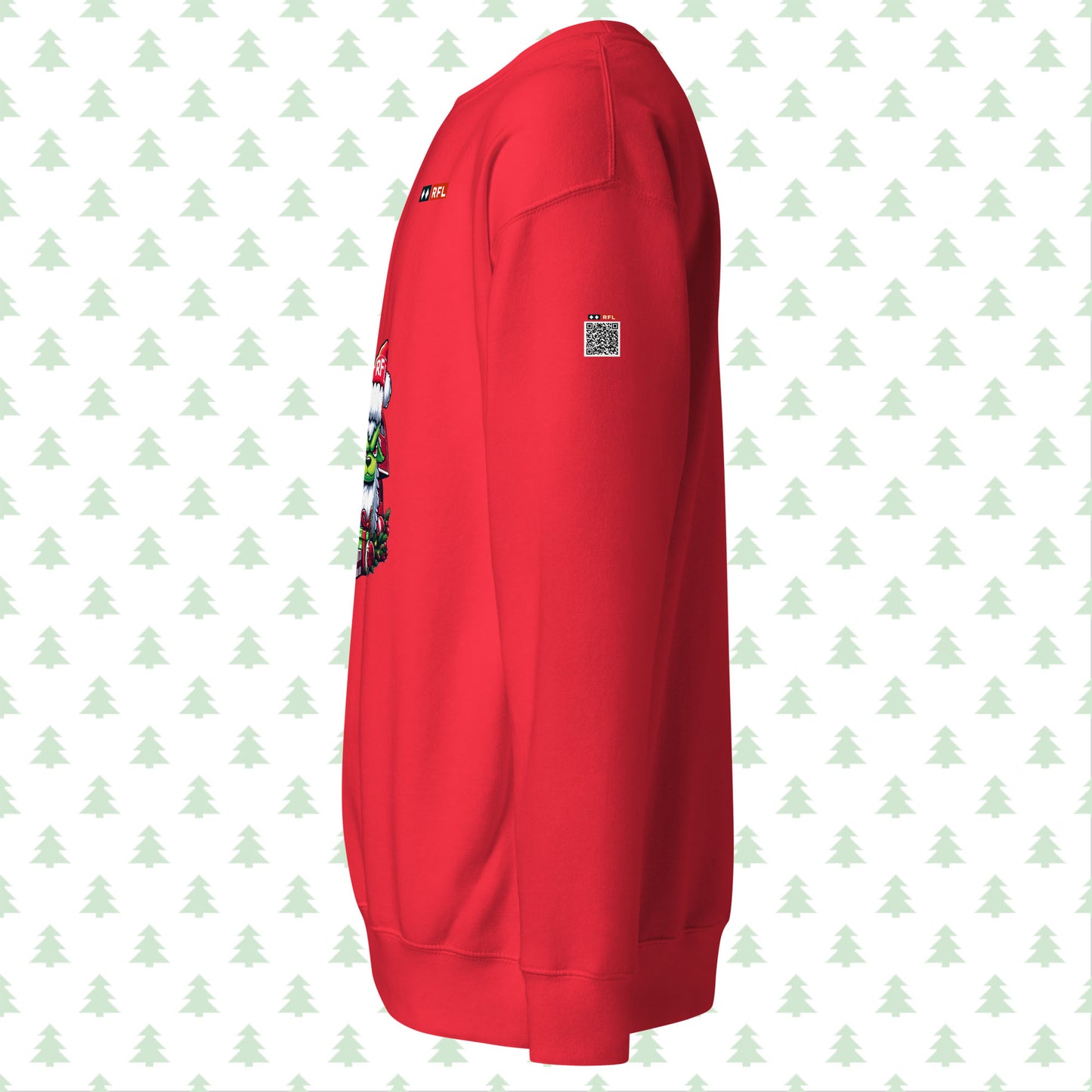 Side view of red Christmas sweater showing QR code on the sleeve.