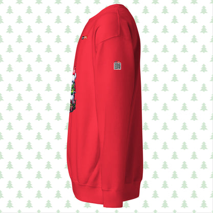 Side view of red Christmas sweater showing QR code on the sleeve.