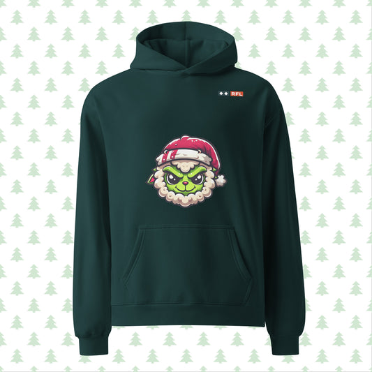 Unisex oversized hoodie in pine green featuring a Sheep Grinch design on the front from the RFL Christmas Collection.