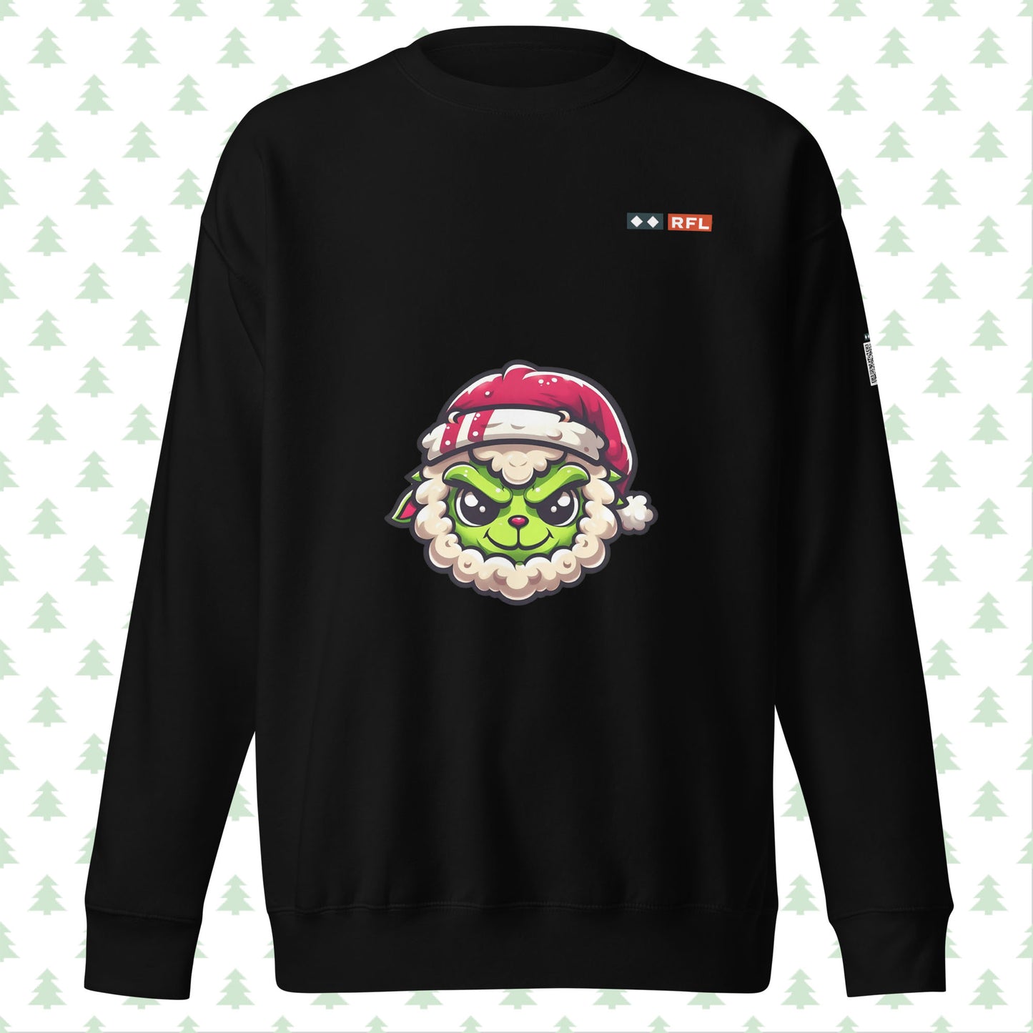  Black sweatshirt with green Grinch sheep and Santa hat, front view.