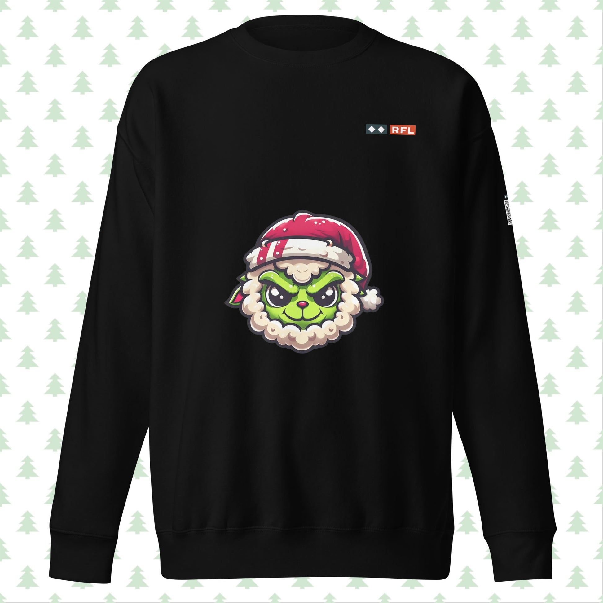  Black sweatshirt with green Grinch sheep and Santa hat, front view.