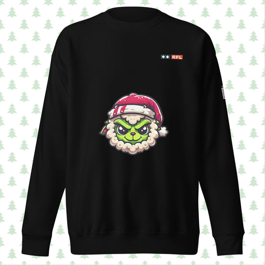  Black sweatshirt with green Grinch sheep and Santa hat, front view.