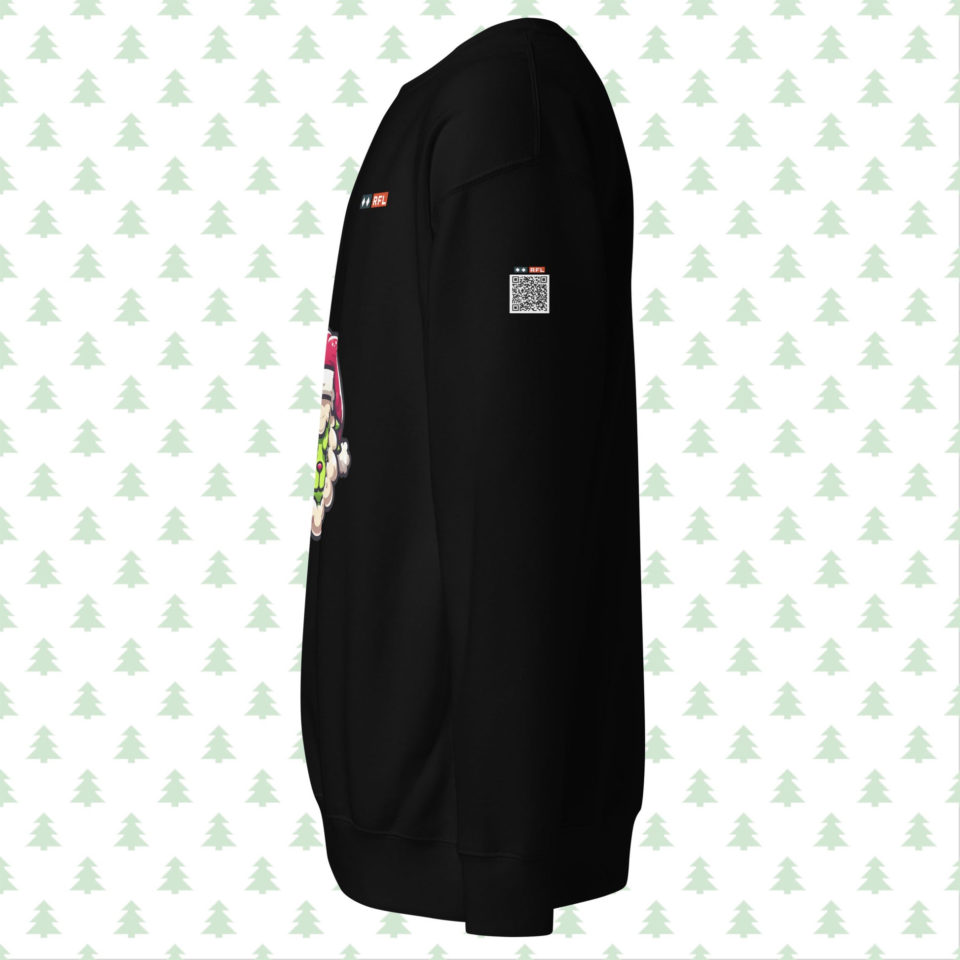 Black sweatshirt side view with Grinch sheep and QR code.