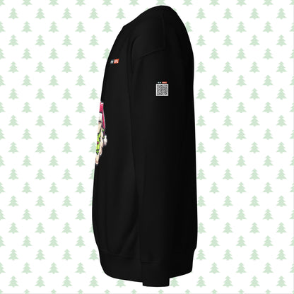 Black sweatshirt side view with Grinch sheep and QR code.