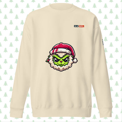 Bone-colored sweatshirt featuring Grinch sheep and Santa hat, front view.