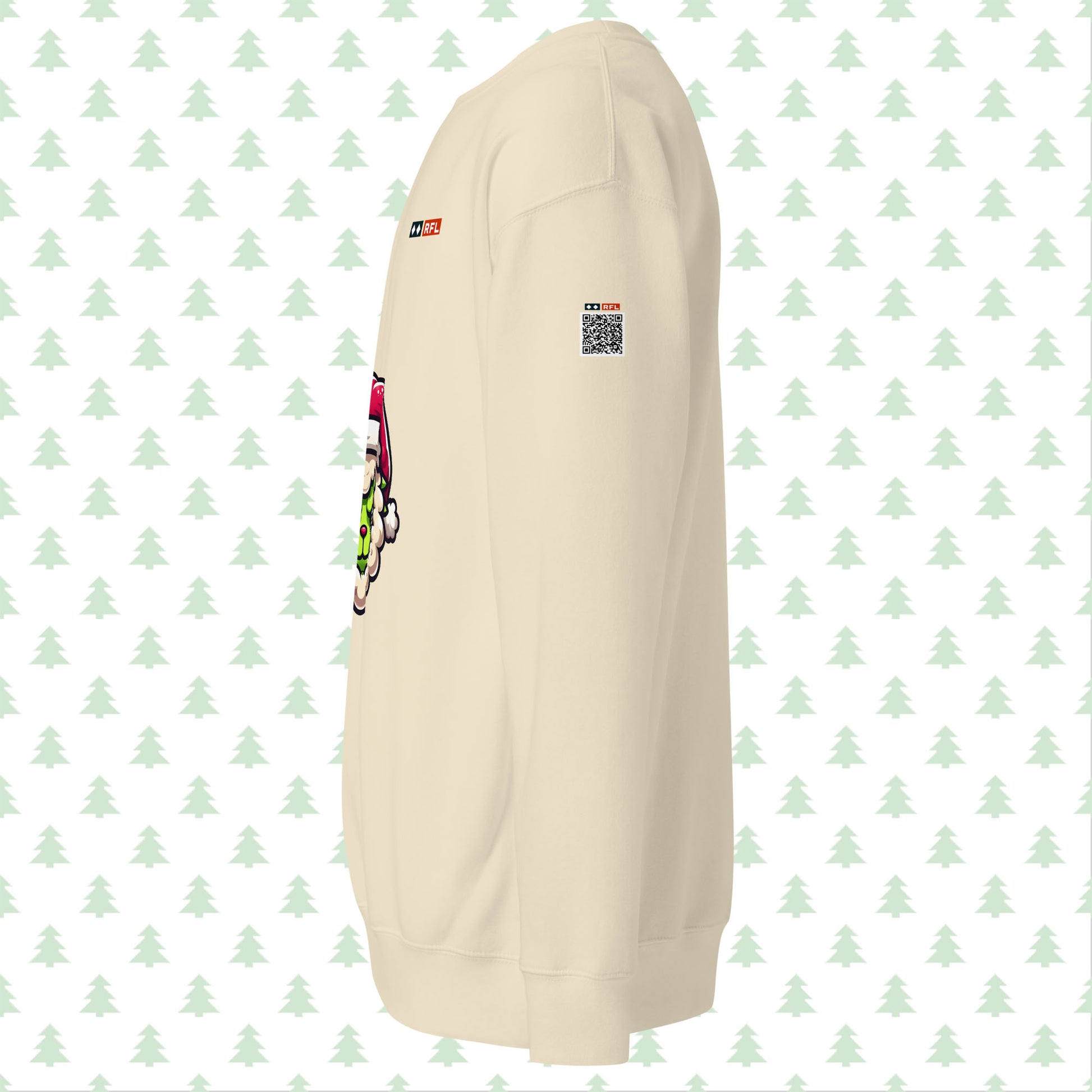 Bone-colored sweatshirt side view with Grinch sheep and QR code.