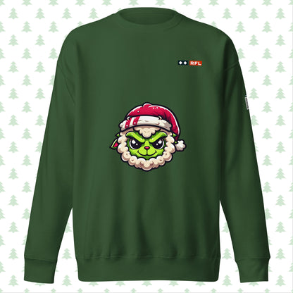 Forest green sweatshirt with Grinch sheep and Santa hat, front view.